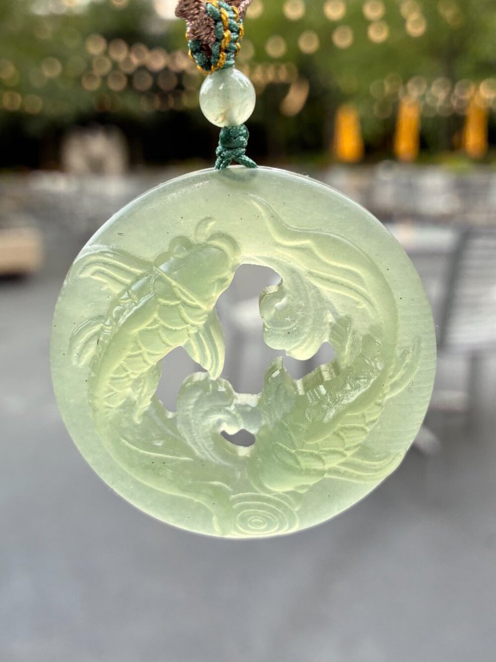 Green Jade Fish Pendant Rope Necklace - Serpentine